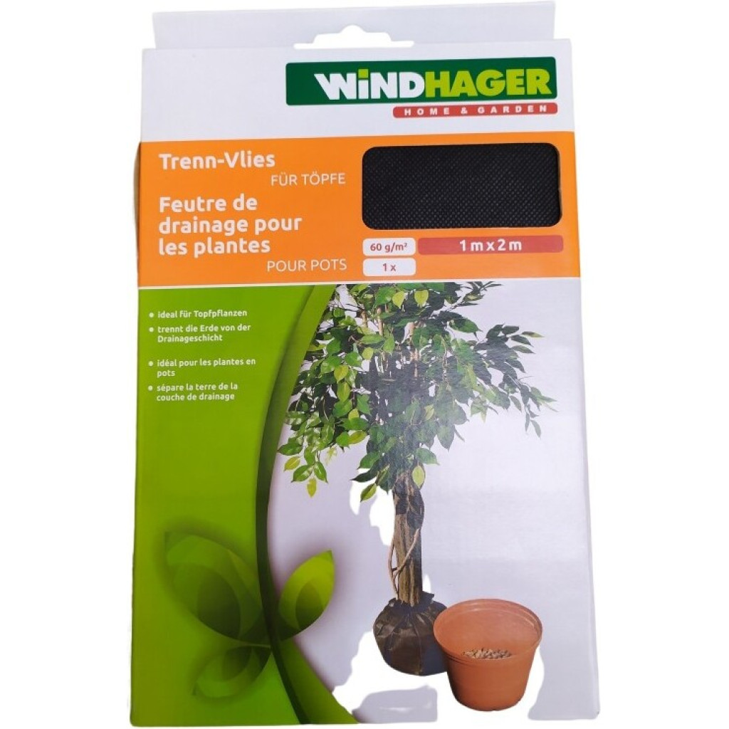 Windhager Trennvlies für Topfpflanzen auch für größere Kübelpflanzen Topfvlies Pflanzenvlies 06756 60g/m² schwarz 1 x 2m Filtervlies 